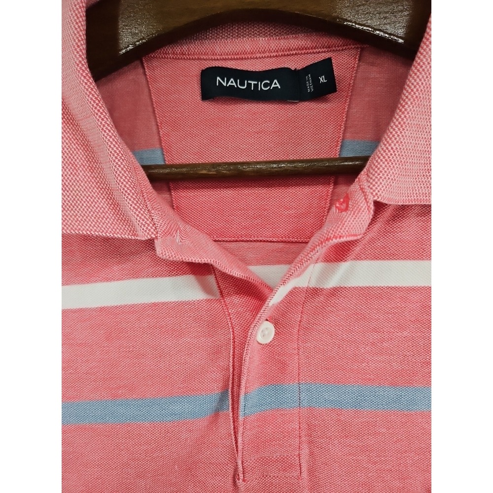 Nautica Polo Men Xl Shirt Pink With White & Blue Stripes